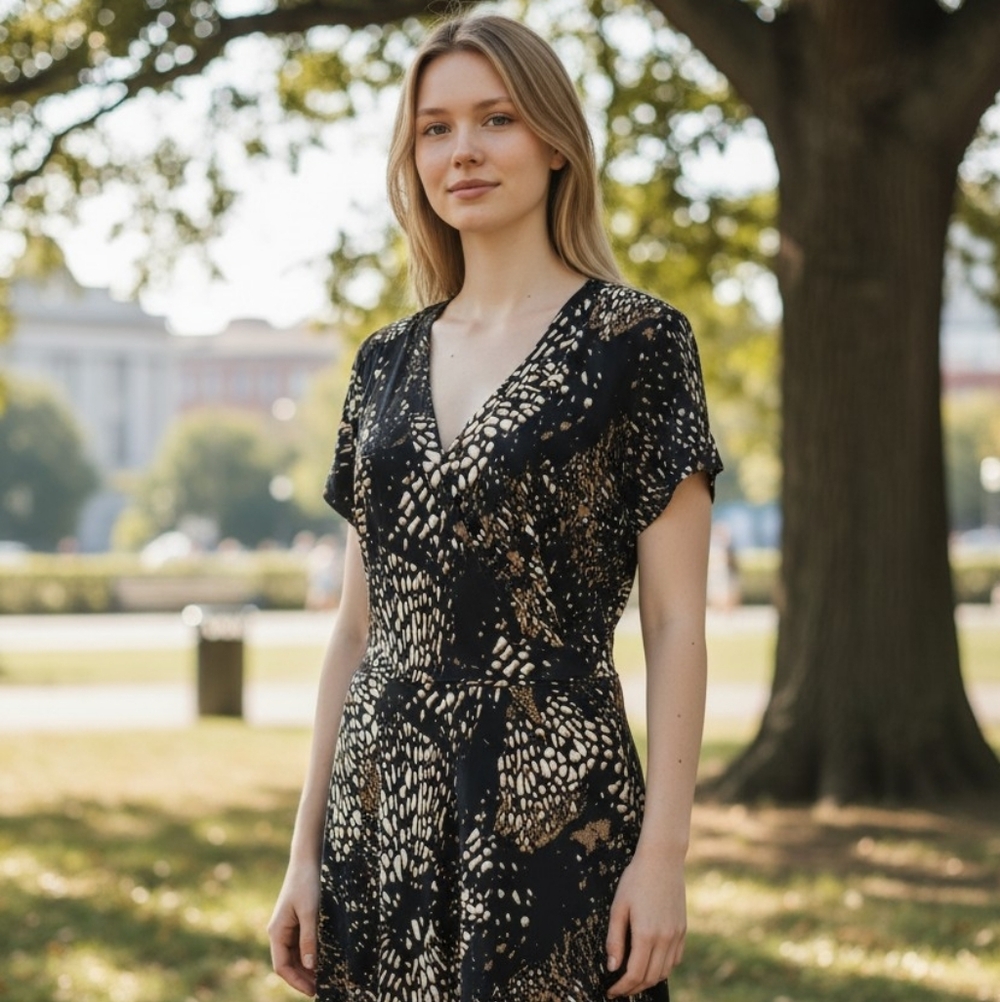 En Femme Style Faux Wrap Dress – Black Abstract Print | Size Large | Made in USA